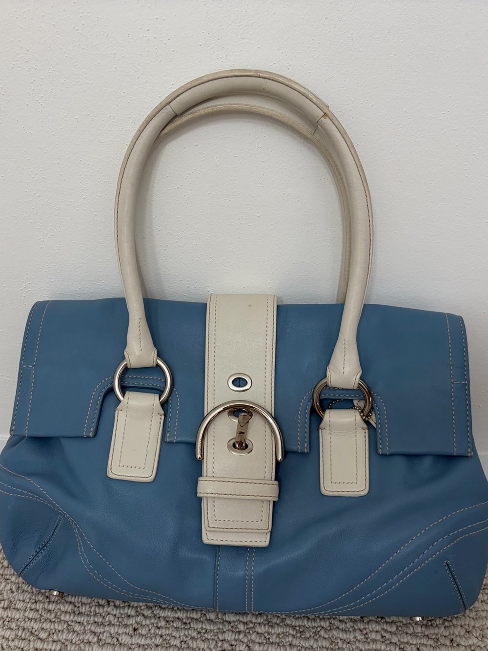 Coach Blue and Cream Leather Shoulder Bag with Buckle